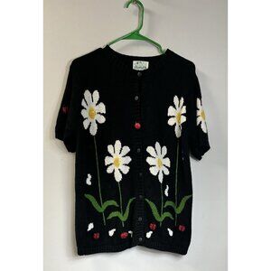 Quacker Factory Daisy / Ladybugs Knit Granny Cardigan  Black Sweater Size M 🐞
